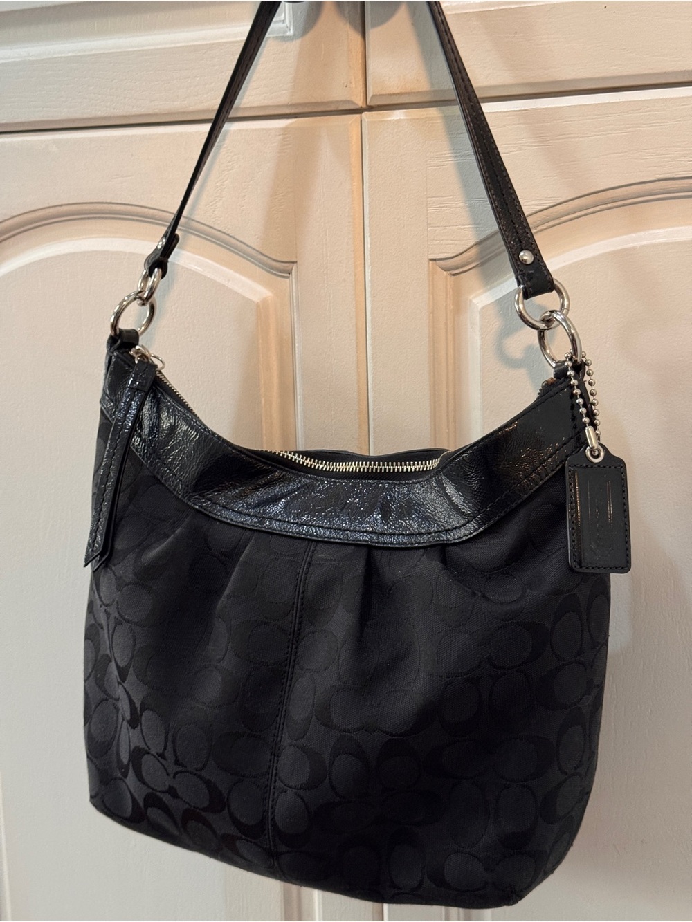 Coach Black Signature Jacquard Shoulder Bag with Leather Trim